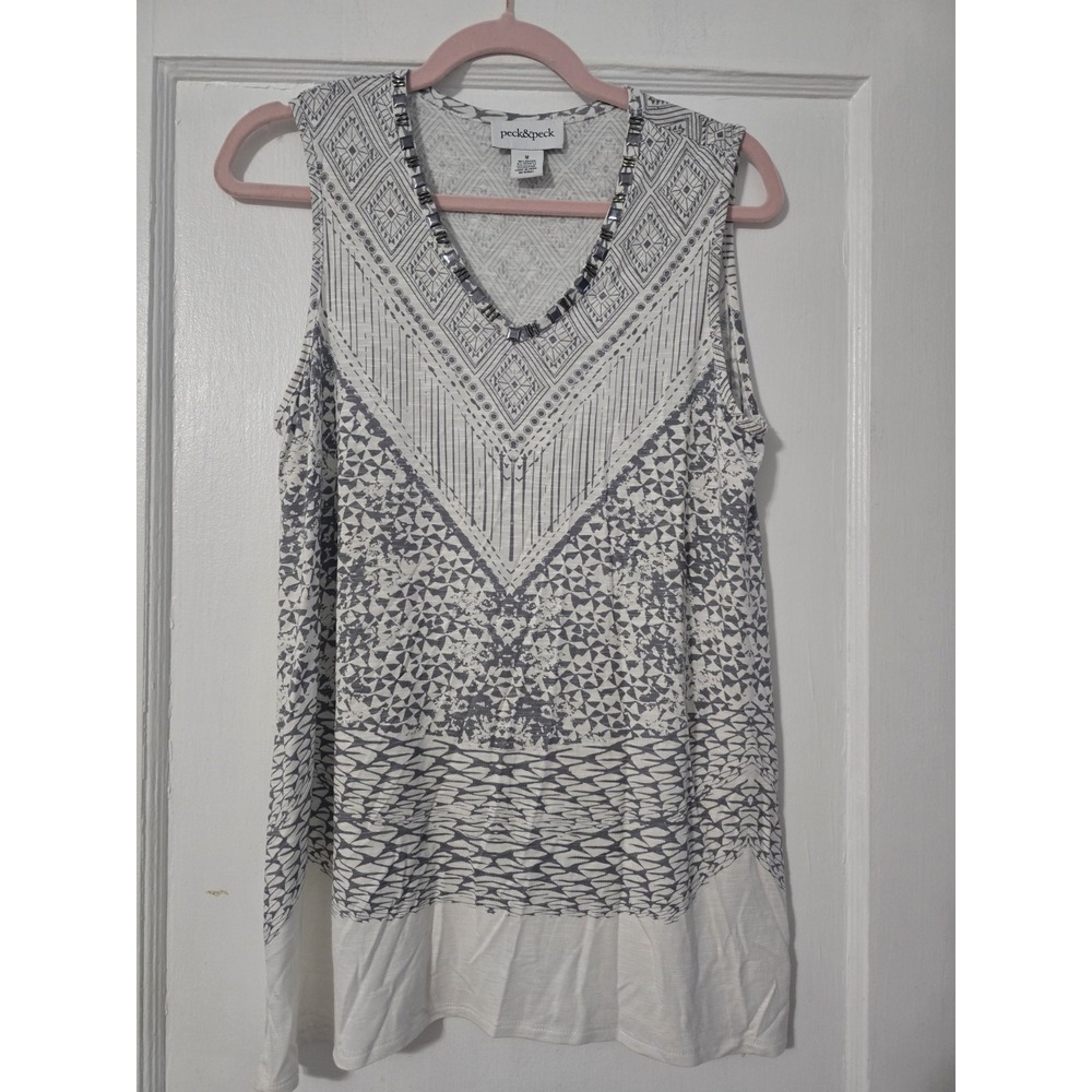 Peck & Peck Tank Top Women's Medium Geometric All Over Print V Neck Stretch